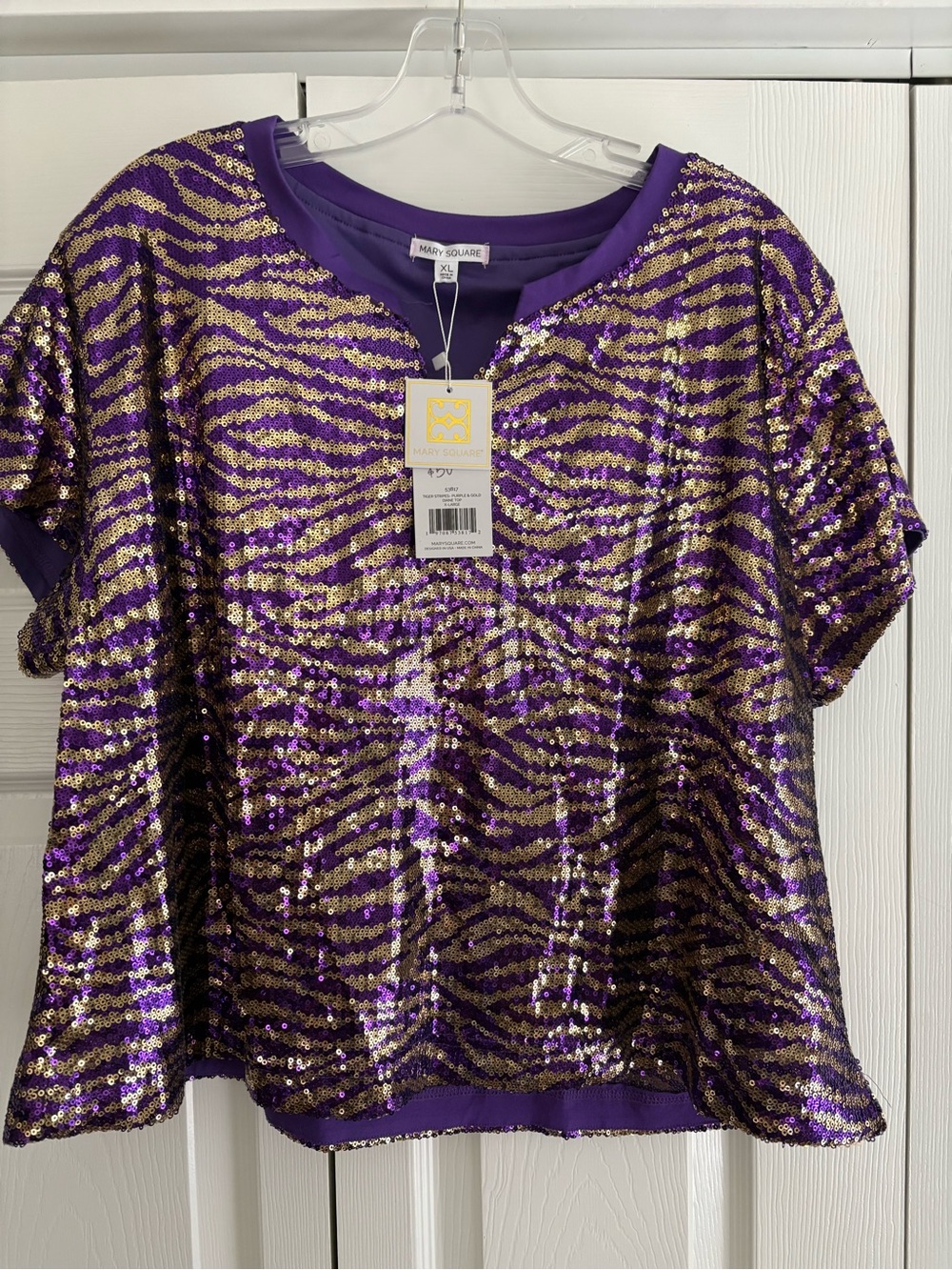Mary Square Purple And Gold Sequined Tiger Stripe Shirt. Size XL. NWT.